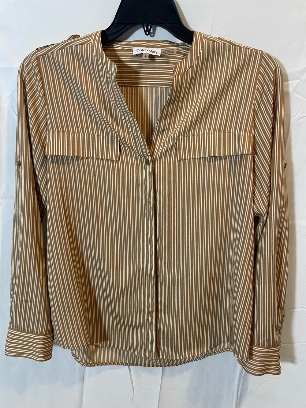 Calvin Klein Brown and White Striped V-Neck Button Blouse